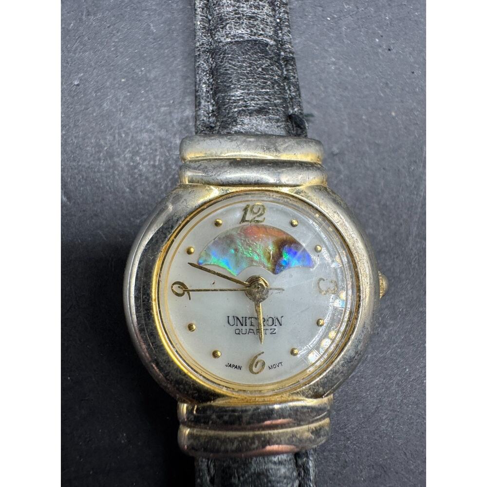 Vintage Unitron Moon Phase Abalone Quartz Watch Silver Tone Black Leather Band